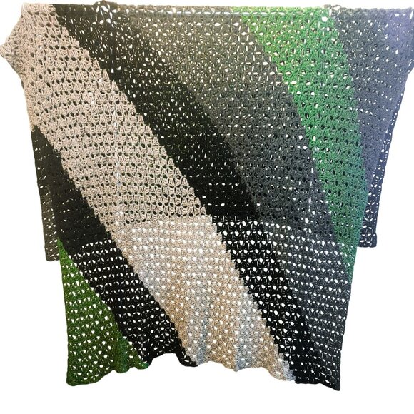 Handmade Crochet Afghan Throw Blanket Openwork Green/Gray/Black 57x85 Inches - Picture 2 of 6